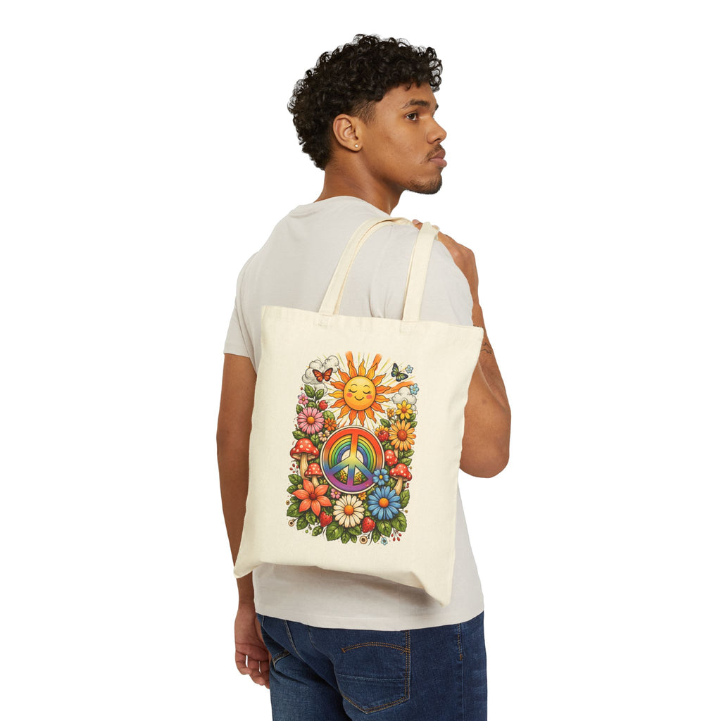 Retro Sunshine Peace Tote Bag – Floral Hippie Canvas Tote