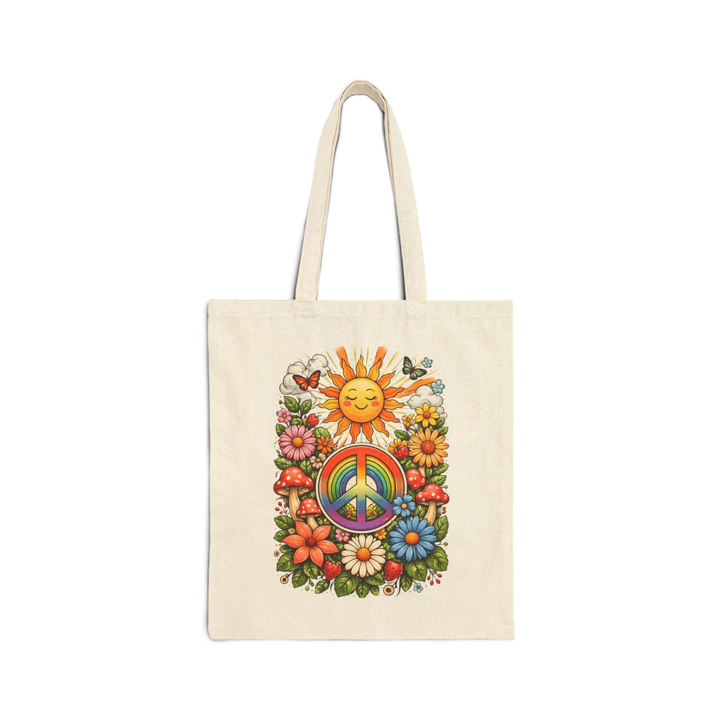 Retro Sunshine Peace Tote Bag – Floral Hippie Canvas Tote