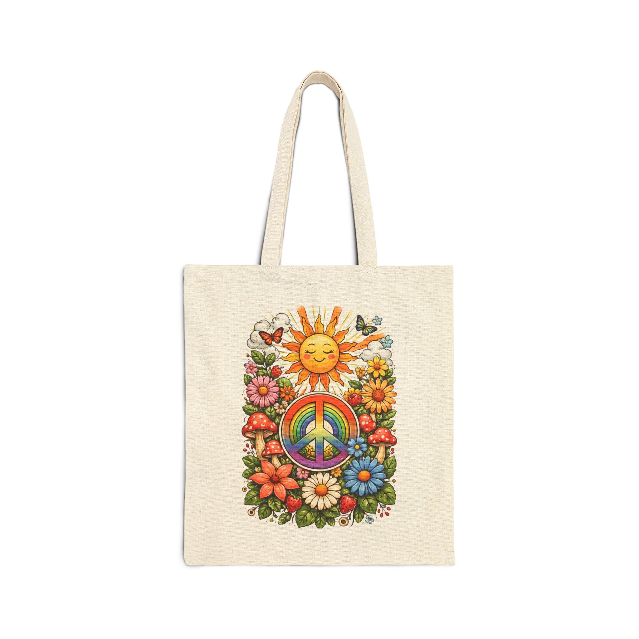 Retro Sunshine Peace Tote Bag – Floral Hippie Canvas Tote